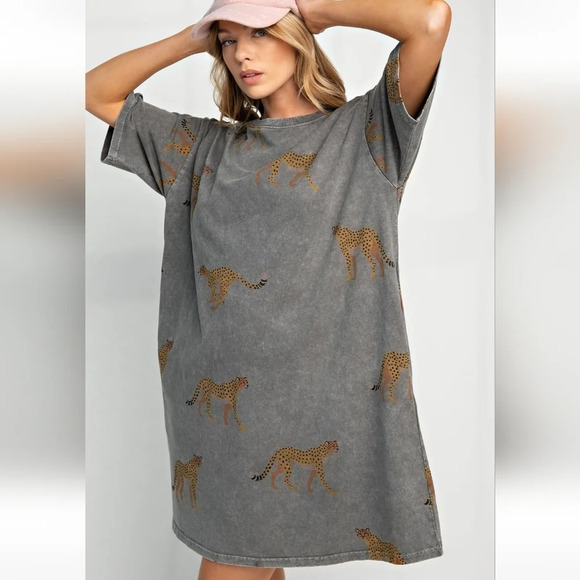 Easel Cheetah Print Mineral Washed T-Shirt Dress New - Picture 3 of 5